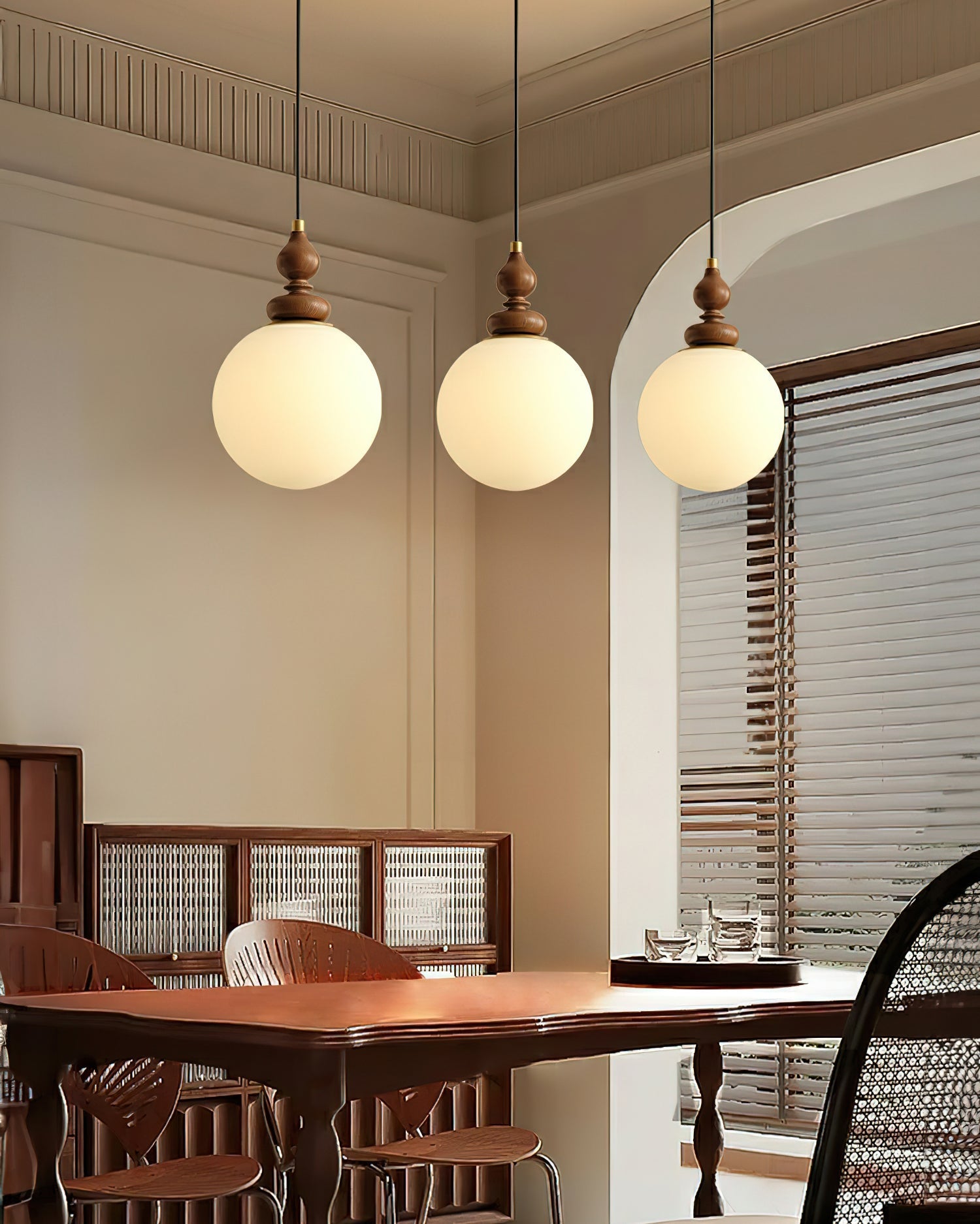 Pendant Light Wood 7.1 in Diameter Milky White Glass Adjustable Ceiling Dining Room Bedroom Lighting | Thomler