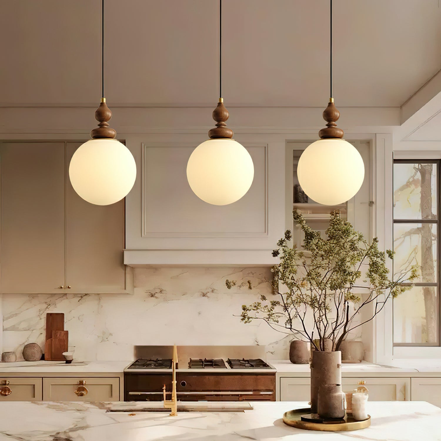 Pendant Light Wood 7.1 in Diameter Milky White Glass Adjustable Ceiling Dining Room Bedroom Lighting | Thomler