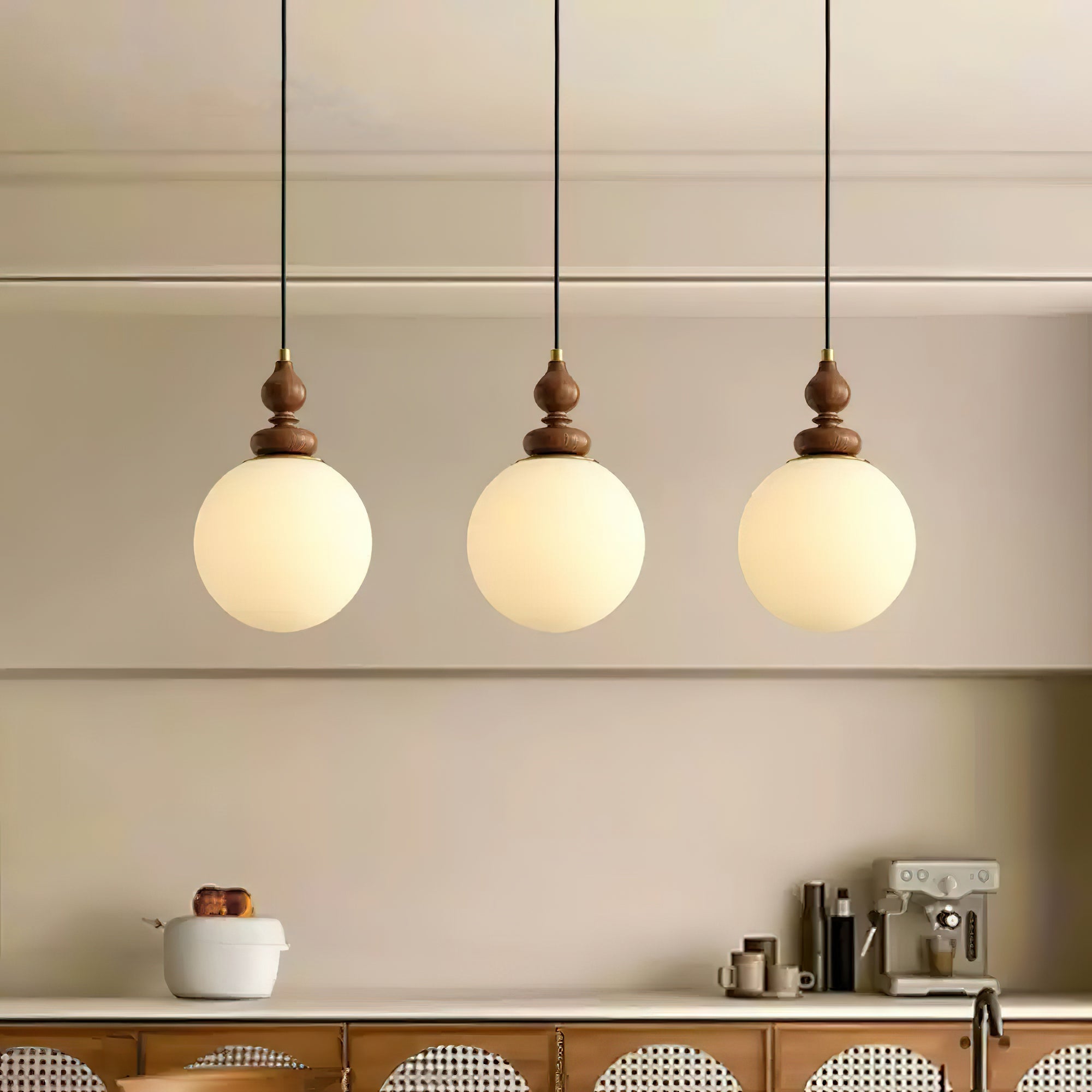 Pendant Light Wood 7.1 in Diameter Milky White Glass Adjustable Ceiling Dining Room Bedroom Lighting | Thomler