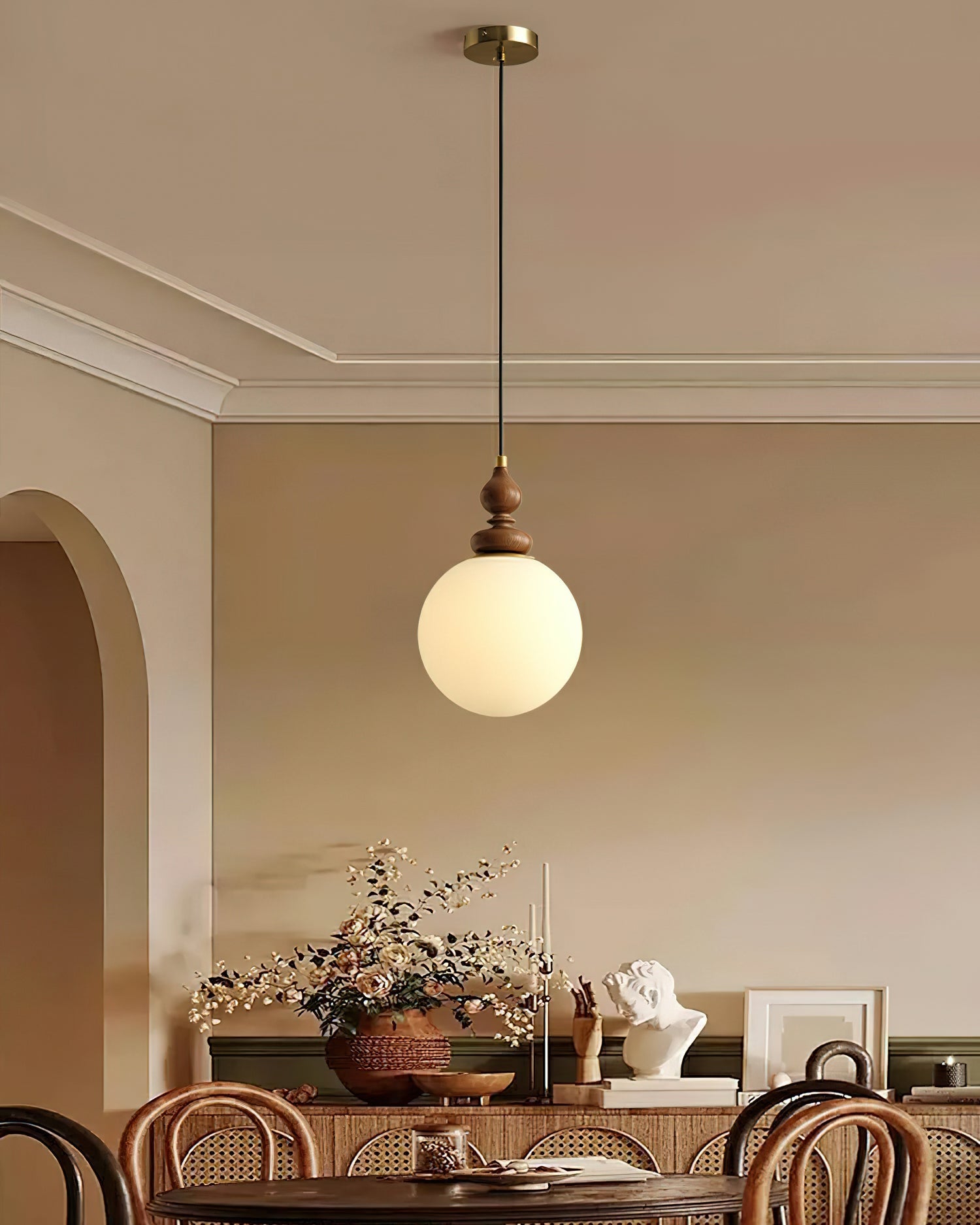 Pendant Light Wood 7.1 in Diameter Milky White Glass Adjustable Ceiling Dining Room Bedroom Lighting | Thomler