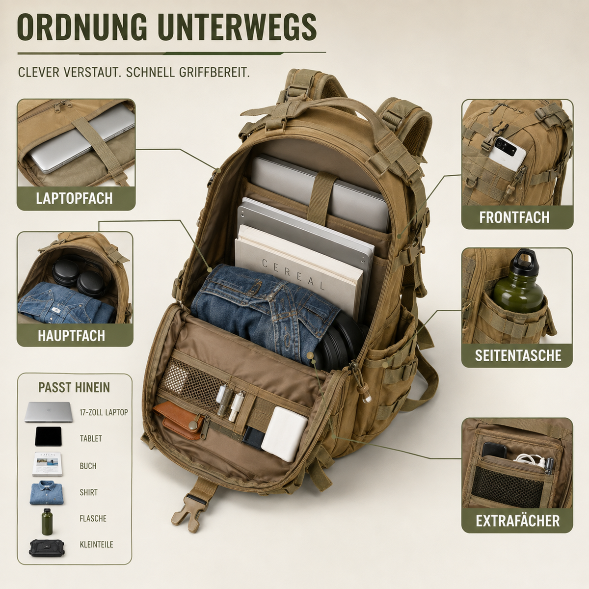 40L Tactical Backpack with Laptop Sleeve & MOLLE Webbing – Waterproof Hiking Daypack for Camping, Travel & Outdoor Adventures | Thomler