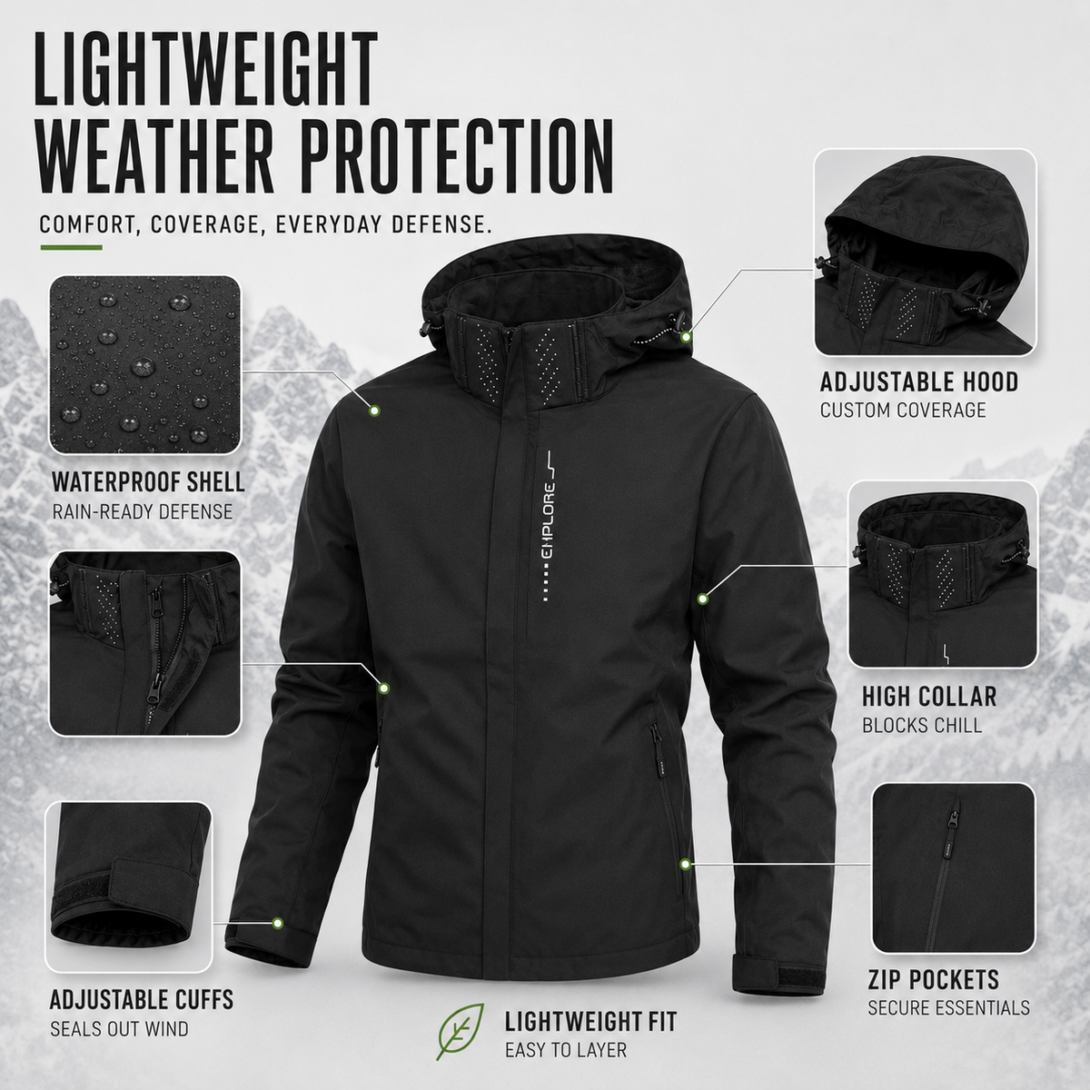 Lightweight Zip-Front Rain Jacket with Hood – Breathable Weather Shell for Men | Thomler