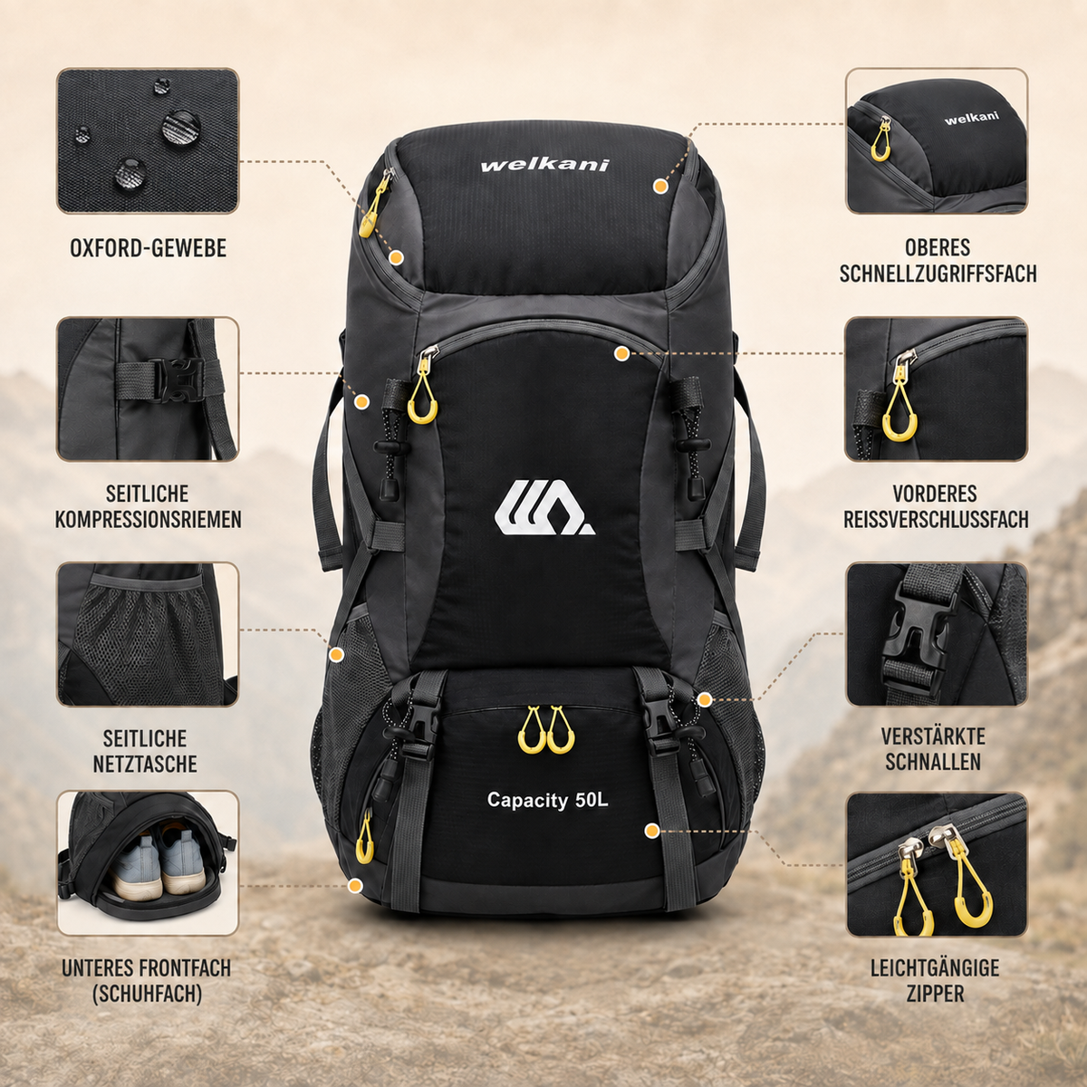 50L Hiking Backpack with Separate Shoe Compartment – Ventilated Back Panel, Padded Straps & Hip Belt – Multi-Day Trail Pack for Camping & | Thomler