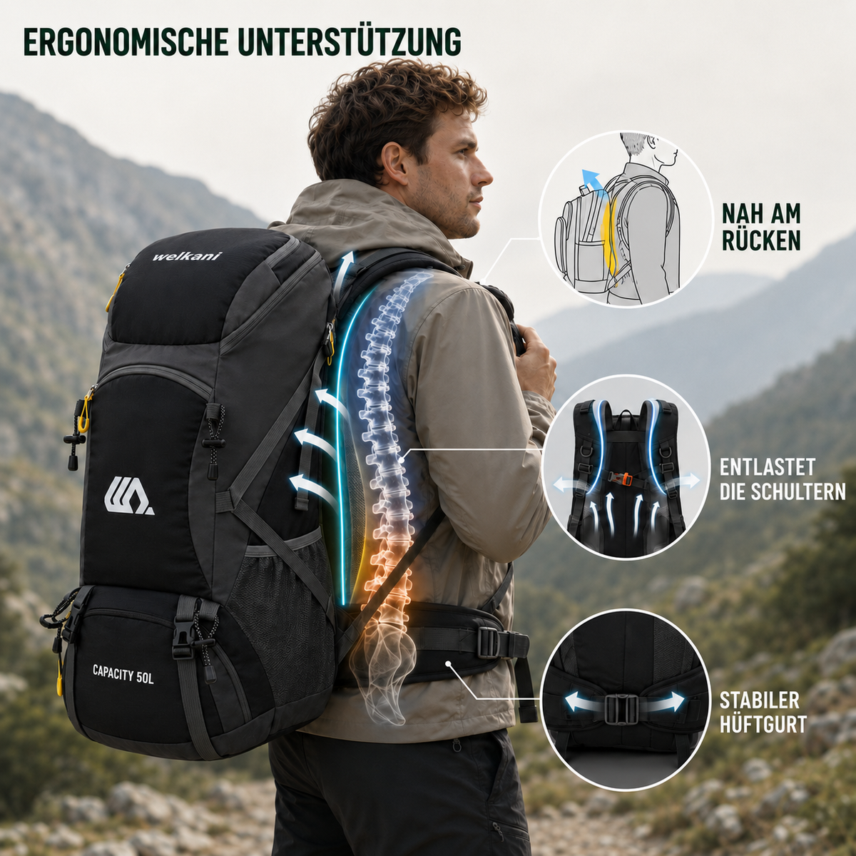 50L Hiking Backpack with Separate Shoe Compartment – Ventilated Back Panel, Padded Straps & Hip Belt – Multi-Day Trail Pack for Camping & | Thomler