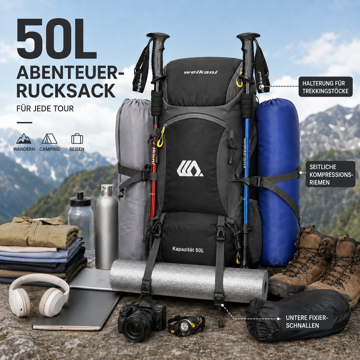 50L Hiking Backpack with Separate Shoe Compartment – Ventilated Back Panel, Padded Straps & Hip Belt – Multi-Day Trail Pack for Camping & | Thomler