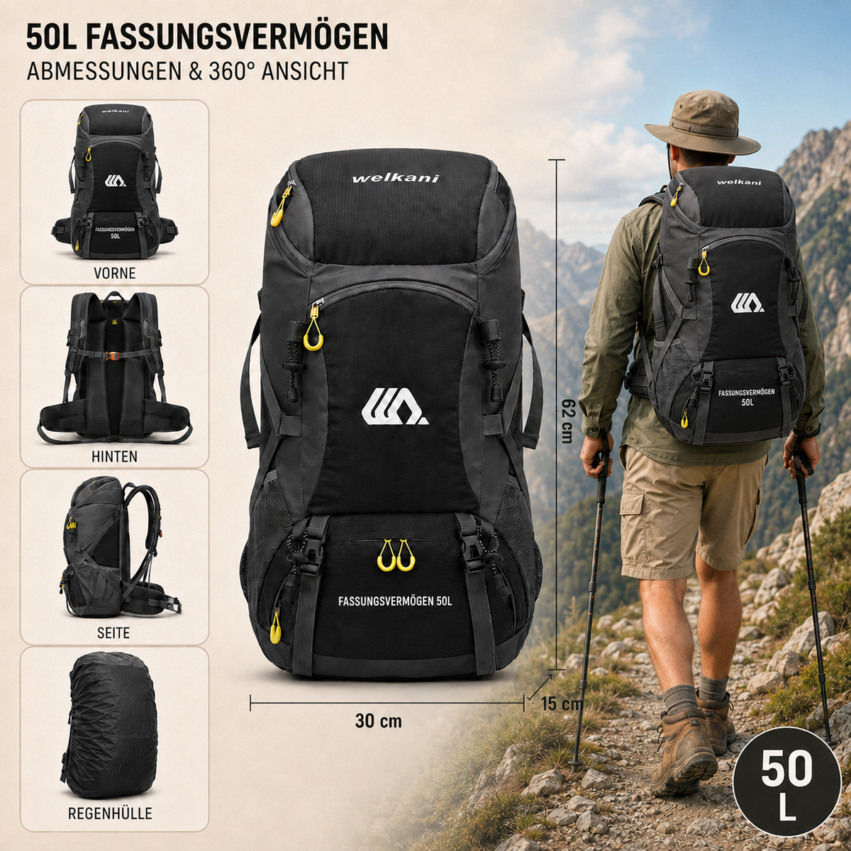 50L Hiking Backpack with Separate Shoe Compartment – Ventilated Back Panel, Padded Straps & Hip Belt – Multi-Day Trail Pack for Camping & | Thomler
