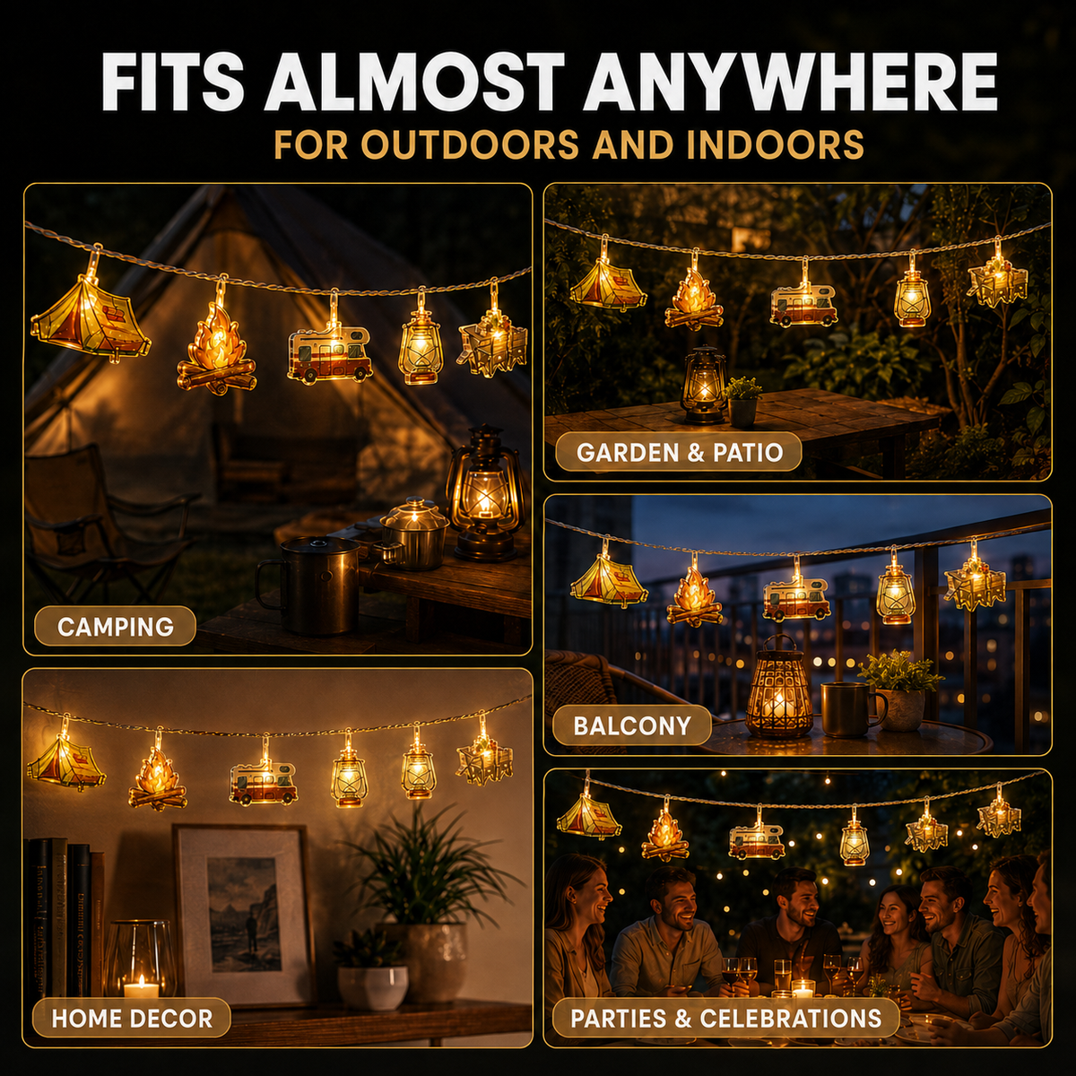 Camping-Themed LED Fairy Lights – Battery-Powered Indoor Outdoor String Lights with Tent, Campfire & Lantern Icons for Patio, Backyard & | Thomler