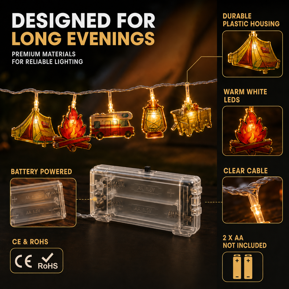Camping-Themed LED Fairy Lights – Battery-Powered Indoor Outdoor String Lights with Tent, Campfire & Lantern Icons for Patio, Backyard & | Thomler