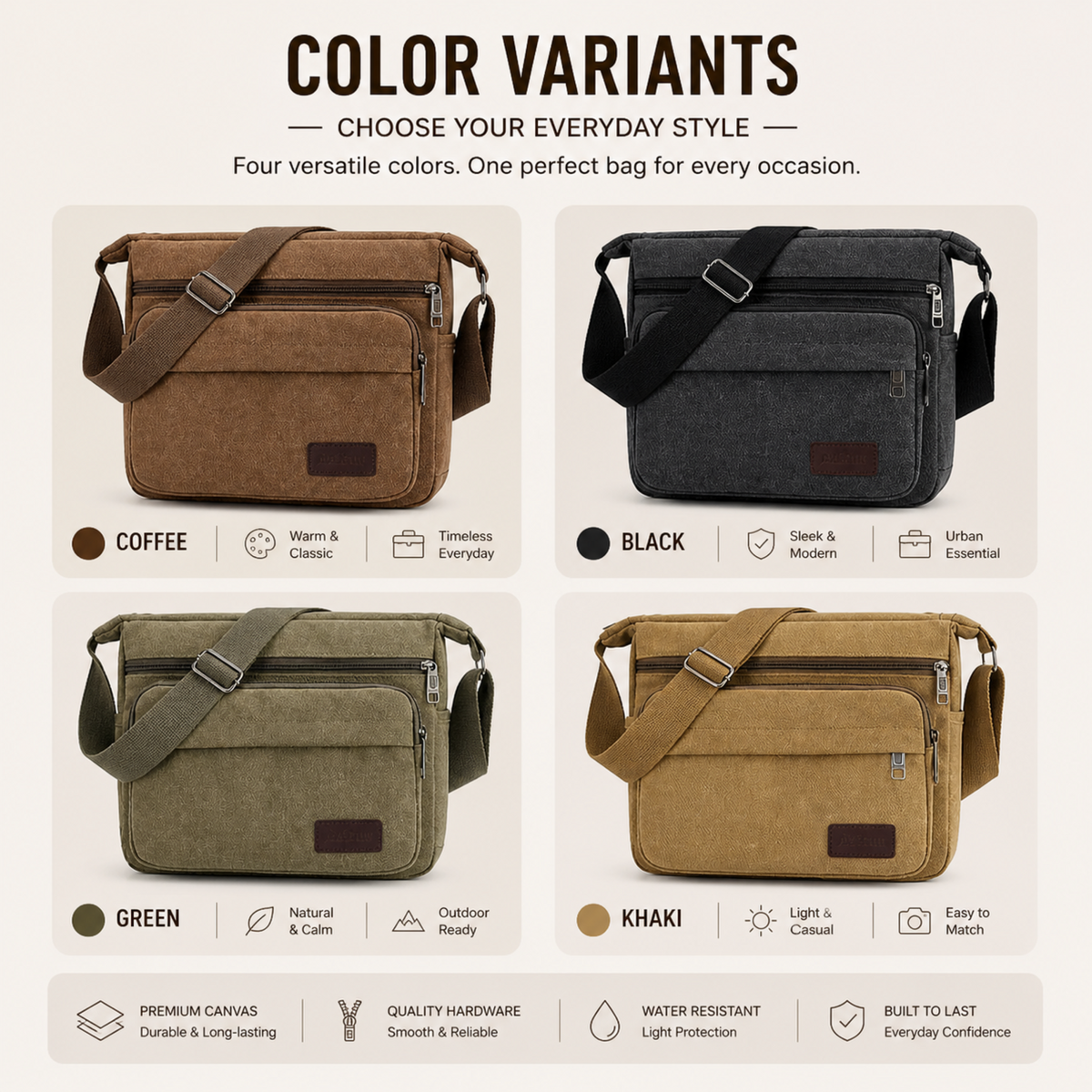 Canvas Crossbody Satchel - Adjustable Strap Shoulder Bag with Zip Pockets for Daily Carry, Work & Travel | Thomler