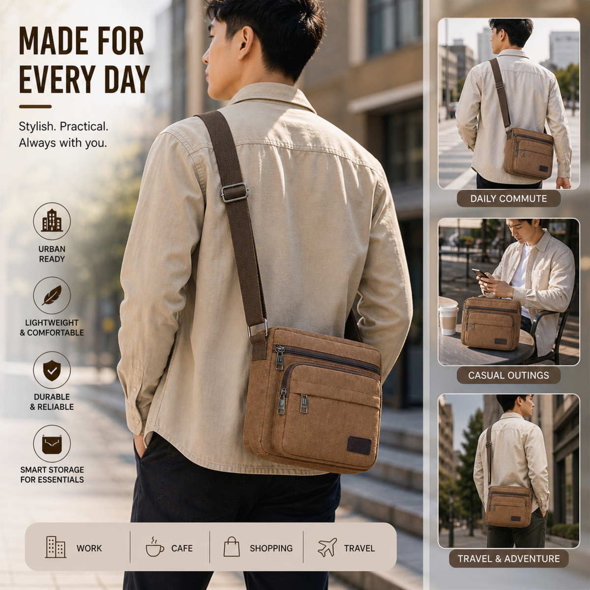 Canvas Crossbody Satchel - Adjustable Strap Shoulder Bag with Zip Pockets for Daily Carry, Work & Travel | Thomler