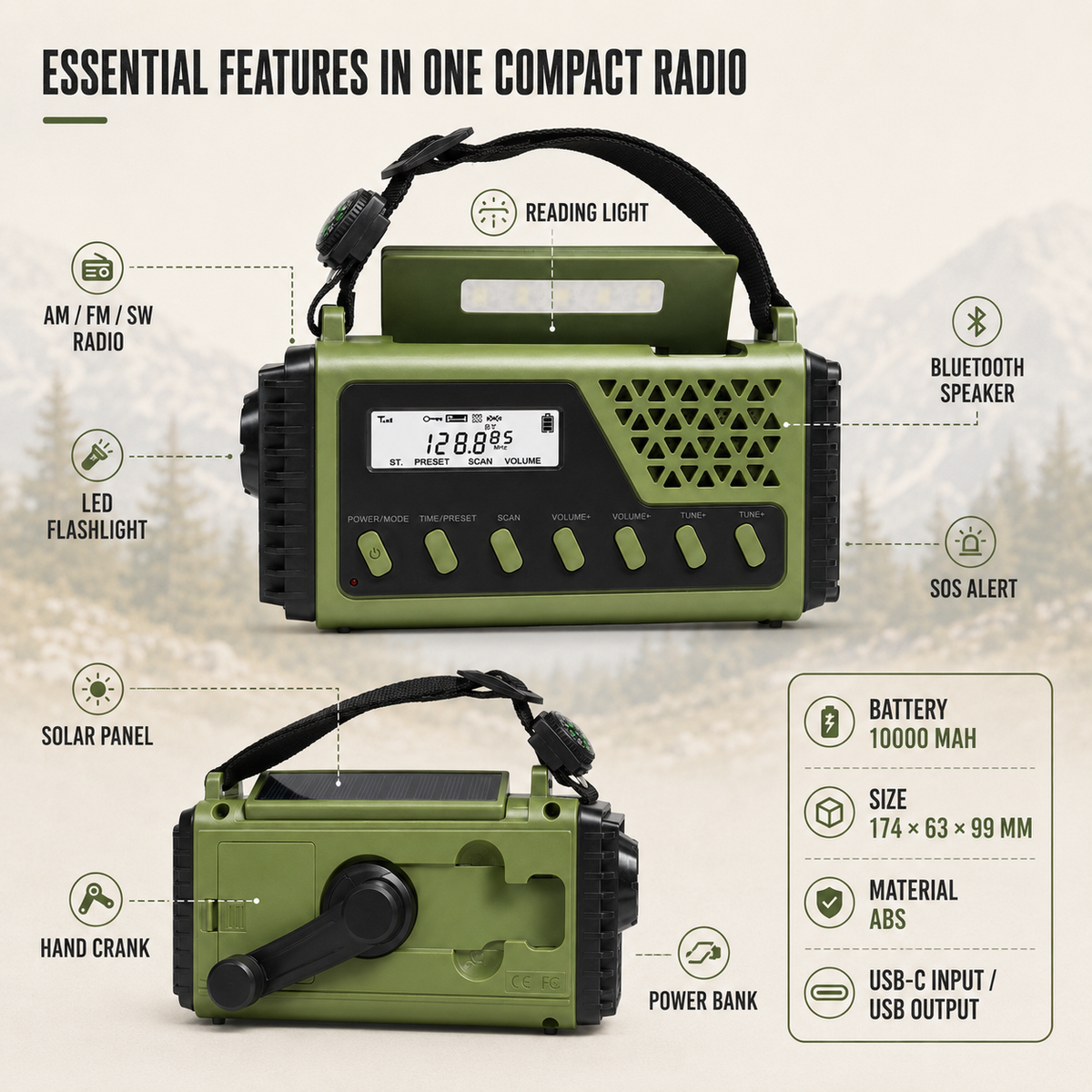 Emergency Weather Radio with Hand Crank Solar Charging Bluetooth Speaker Flashlight 10000mAh Power Bank for Camping Hiking Survival Kits | Thomler