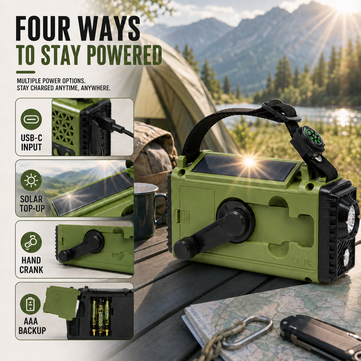 Emergency Weather Radio with Hand Crank Solar Charging Bluetooth Speaker Flashlight 10000mAh Power Bank for Camping Hiking Survival Kits | Thomler