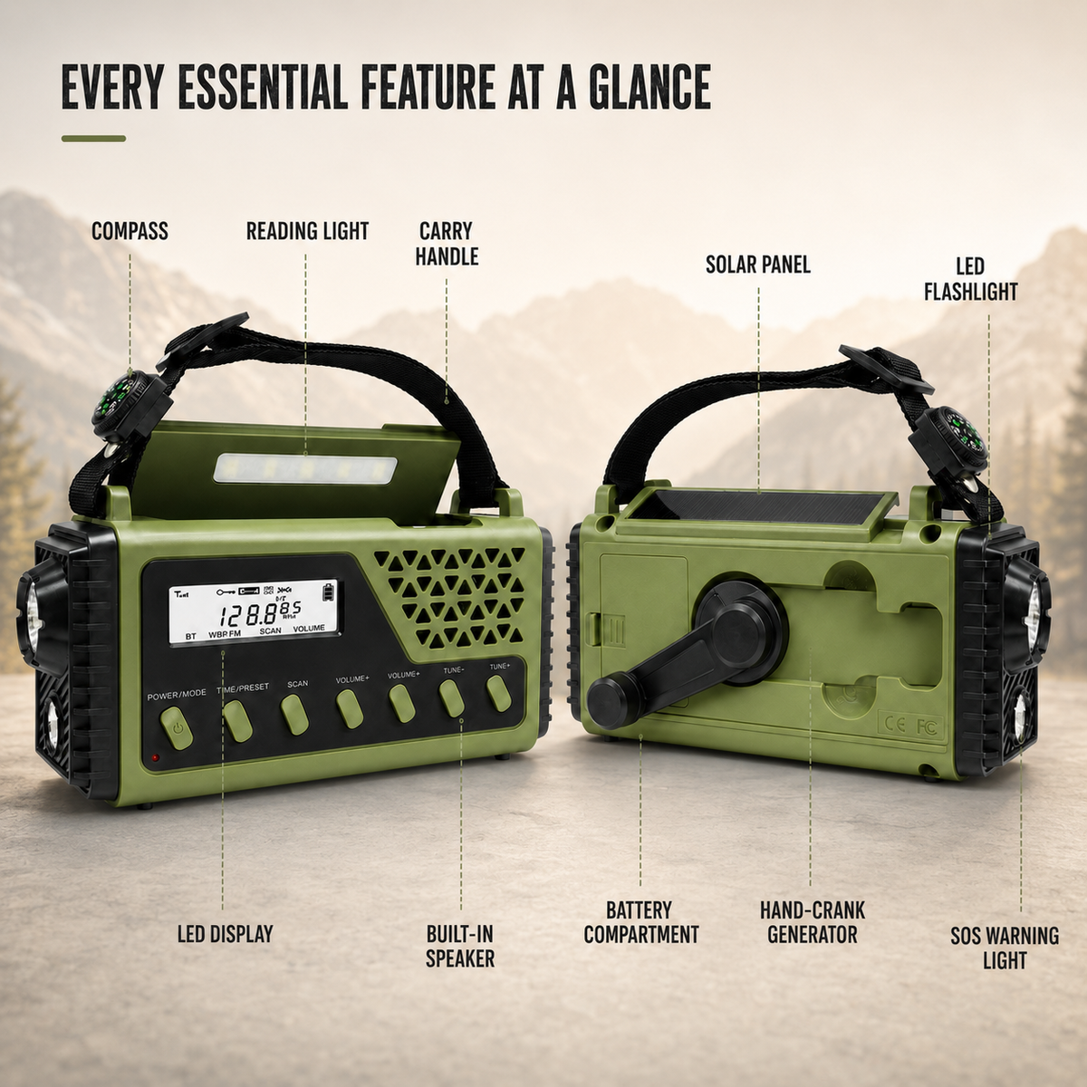 Emergency Weather Radio with Hand Crank Solar Charging Bluetooth Speaker Flashlight 10000mAh Power Bank for Camping Hiking Survival Kits | Thomler