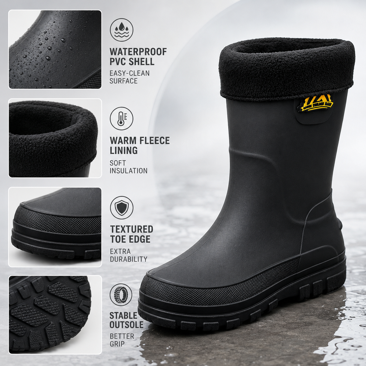 Waterproof Insulated Mid-Calf Winter Rain Boots for Men – Non-Slip Faux Fur Lined Outdoor Work Boot | Thomler