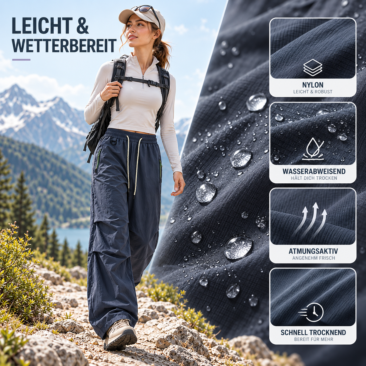 Women's Water-Resistant Wide-Leg Hiking Pants with Adjustable Waist & Cuffs for Outdoor Adventures | Thomler