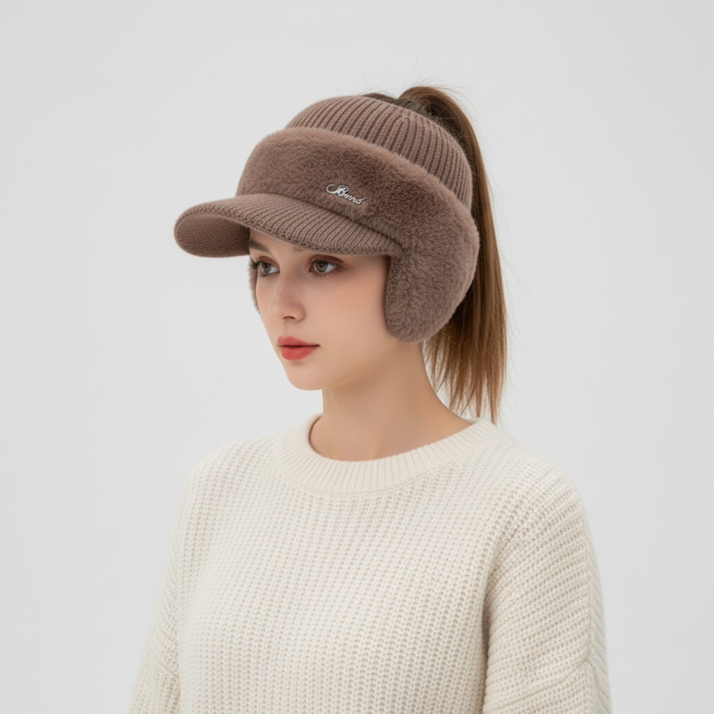 Winter Knit Hat with Visor & Ear Warmers for Women | Ponytail Opening & Windproof Fleece Lining | One Size Stretch Fit Beanie Cap for Cold | Thomler