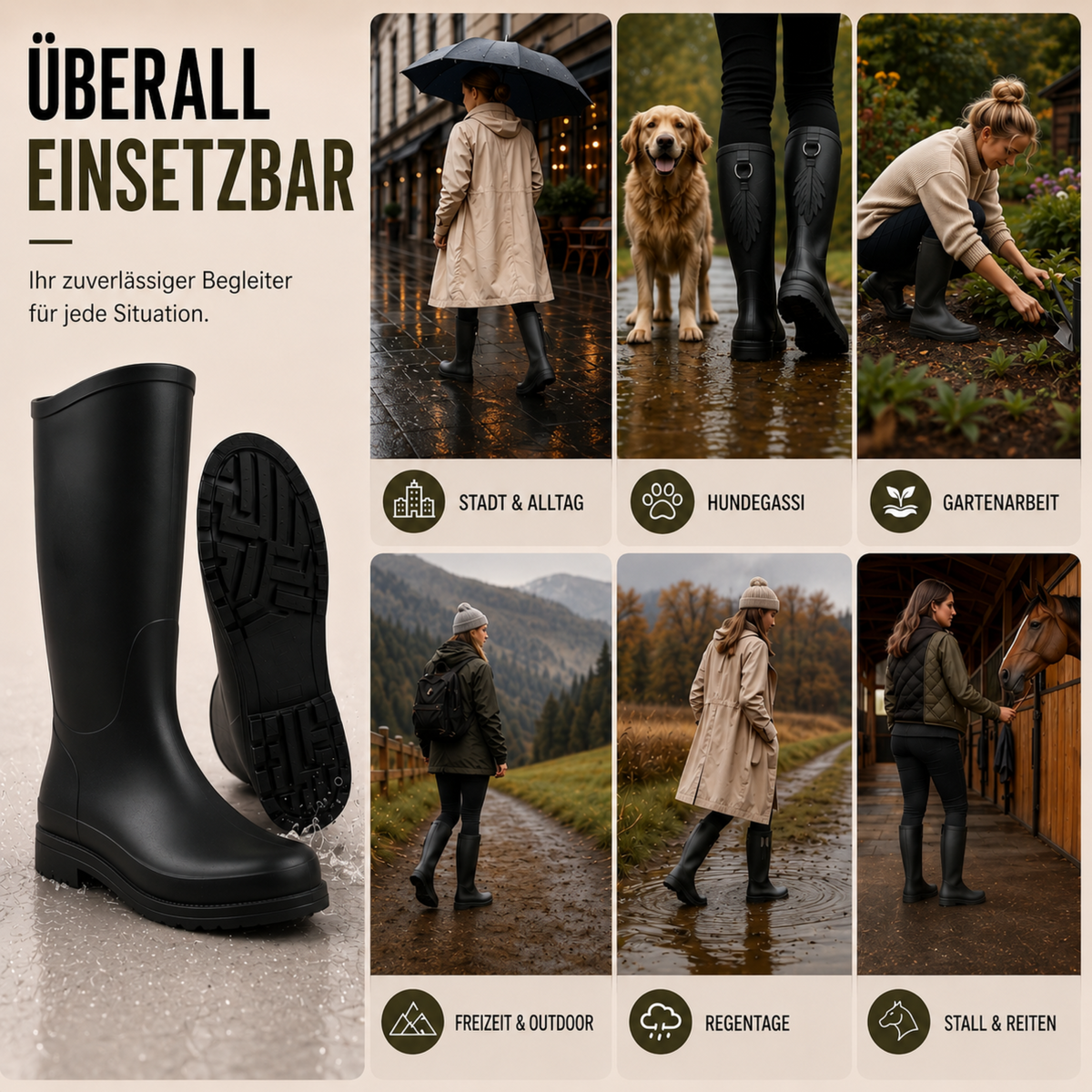 Women's Waterproof Rain Boots Mid-Calf – Slip-On PVC Wellington Boots for Wet Weather, Mud & Garden | Thomler