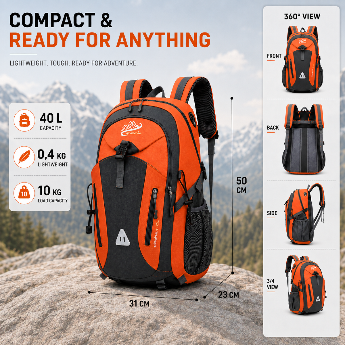 40L Outdoor Backpack with Padded Mesh Panels & Adjustable Straps for Hiking and Travel | Thomler