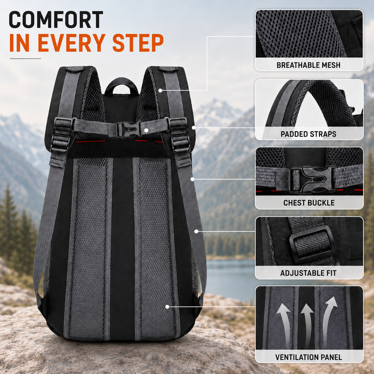 40L Outdoor Backpack with Padded Mesh Panels & Adjustable Straps for Hiking and Travel | Thomler