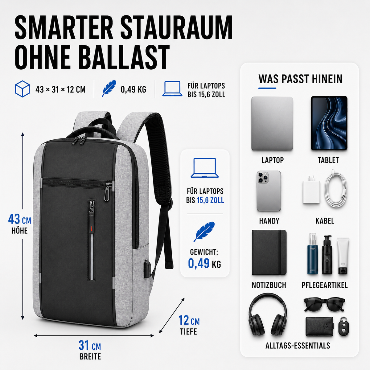 Water-Resistant Laptop Backpack with USB Charging Port for Work & Travel | Business Commuter Daypack with Padded 15.6-Inch Computer Sleeve | Thomler