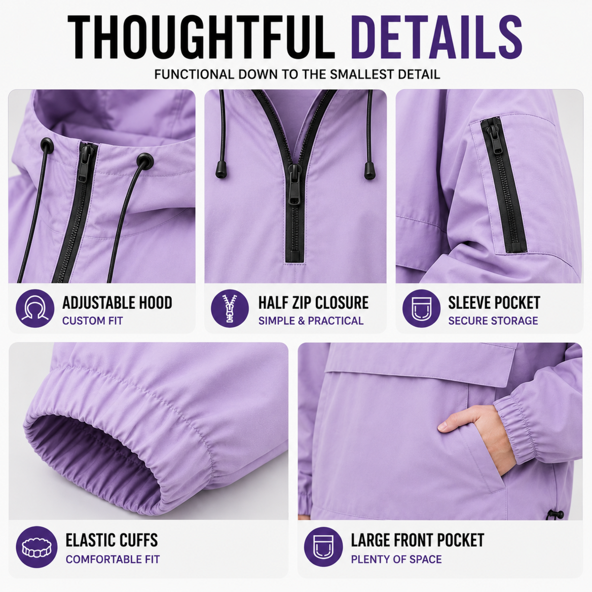 Weatherproof Half-Zip Windbreaker Jacket with Hood – Lightweight Water-Resistant Pullover for Men & Women | Thomler
