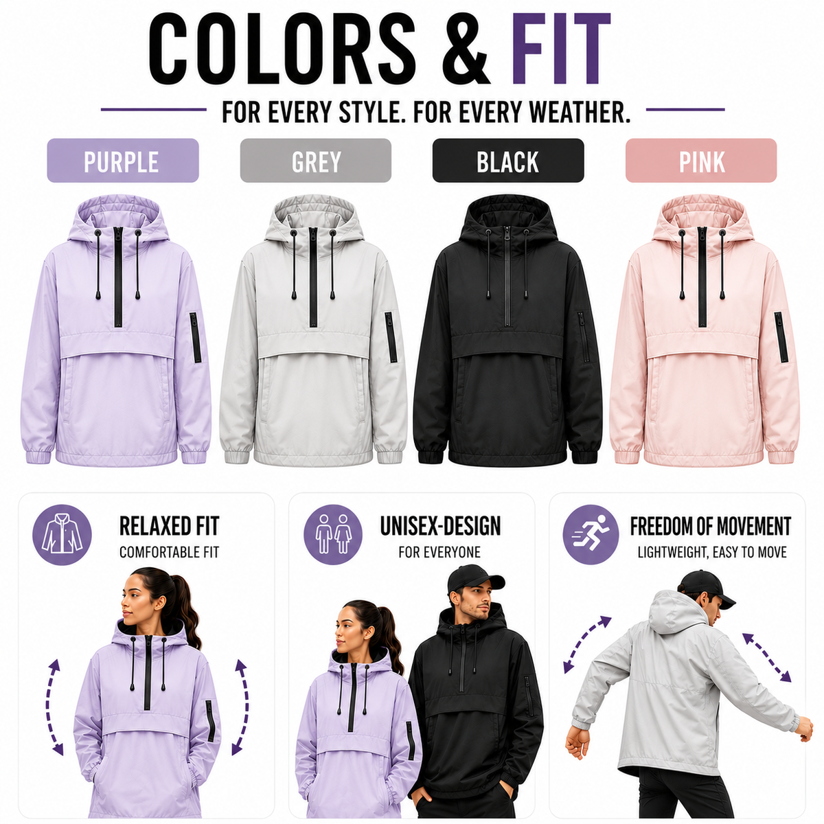 Weatherproof Half-Zip Windbreaker Jacket with Hood – Lightweight Water-Resistant Pullover for Men & Women | Thomler