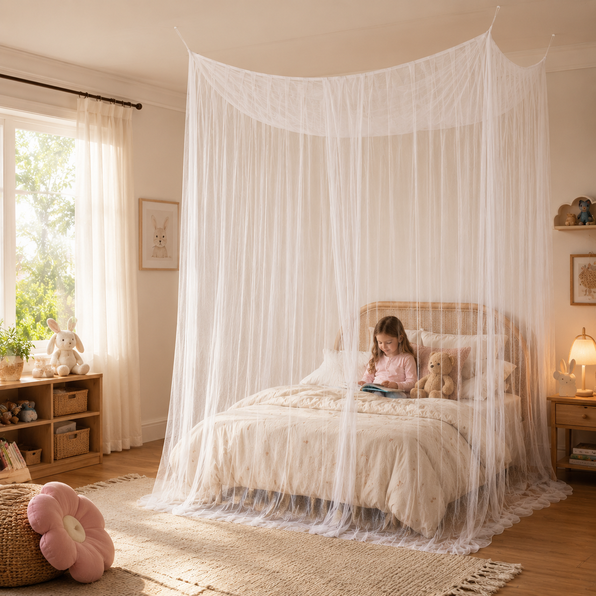 Spacious Hanging Bed Canopy Net | Tall Box-Style Insect Barrier for Double Beds & Camping | 87×79×79 in Interior | White or Black Mesh | Thomler