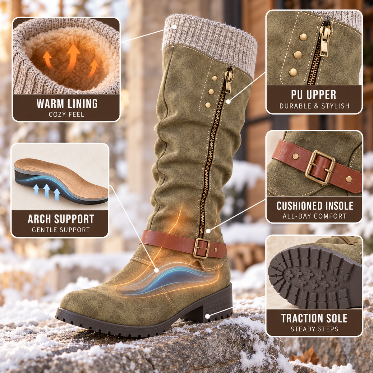 Insulated Mid-Calf Winter Boots with Arch Support for Women & Men – Side Zip Entry, Non-Slip Sole, Cold Weather Footwear | Thomler