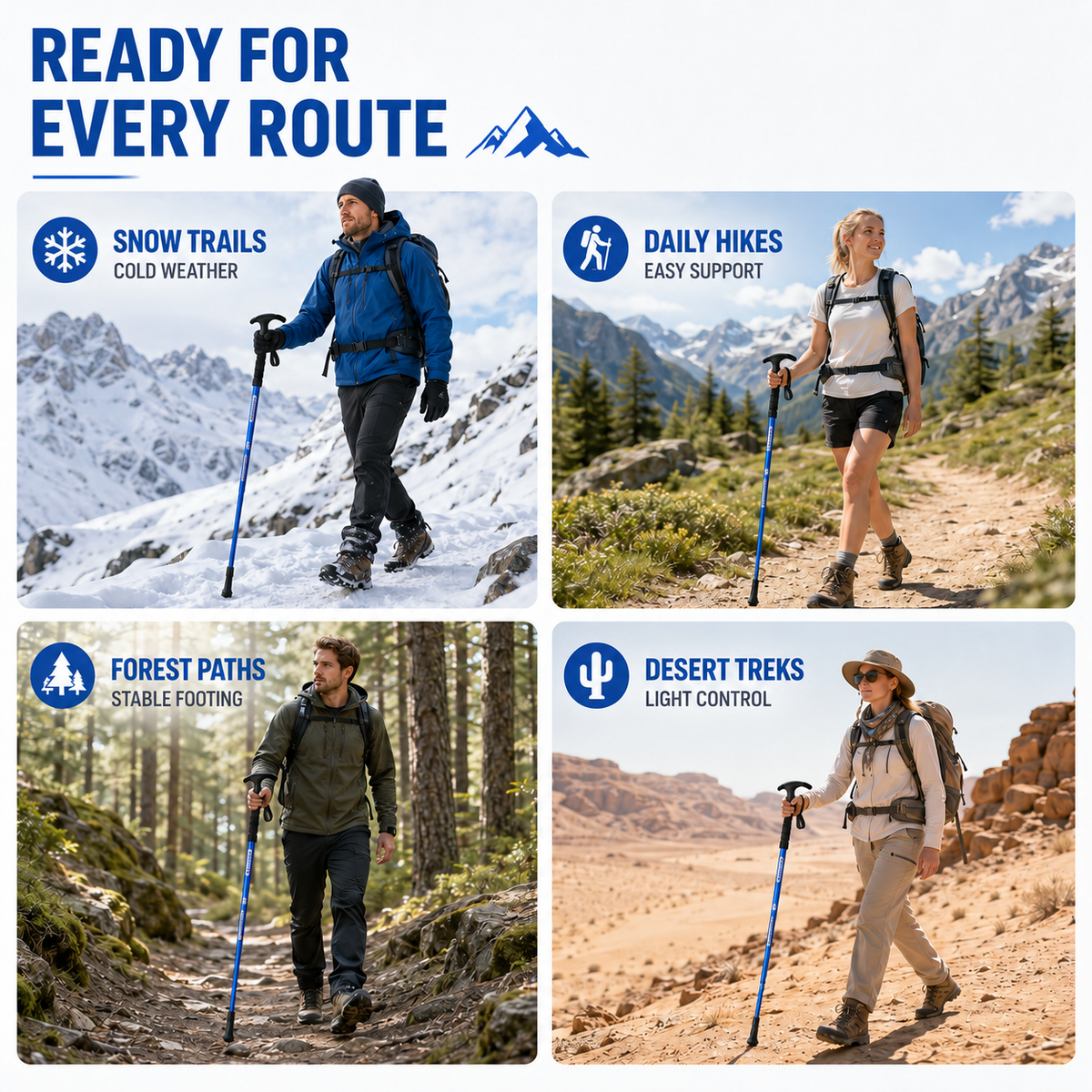 Collapsible Hiking Pole 4-Section Adjustable Trekking Stick Aluminum Alloy Lightweight Walking Staff Ergonomic T-Handle for Mountain Trails | Thomler