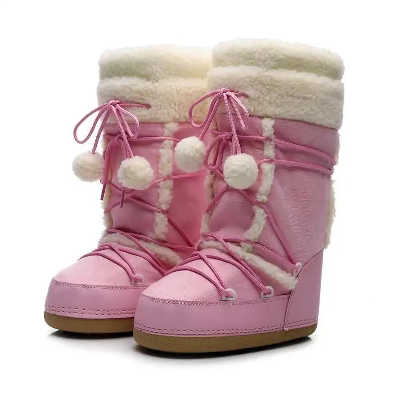 Women's Plush-Lined Mid-Calf Winter Boots with Pom-Pom Lacing – Cozy, Slip-On Cold Weather Footwear for Snow & Ice | Thomler