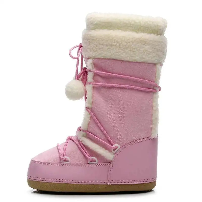 Women's Plush-Lined Mid-Calf Winter Boots with Pom-Pom Lacing – Cozy, Slip-On Cold Weather Footwear for Snow & Ice | Thomler