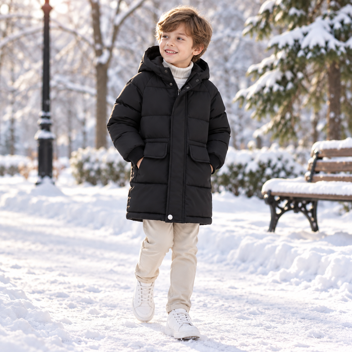 Insulated Longline Hooded Puffer Jacket for Kids – Full-Zip Heavyweight Winter Coat Ages 3-12 | Thomler
