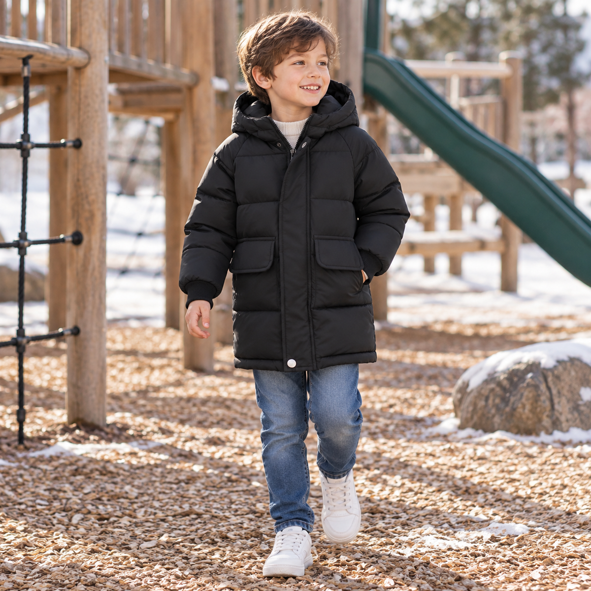 Insulated Longline Hooded Puffer Jacket for Kids – Full-Zip Heavyweight Winter Coat Ages 3-12 | Thomler