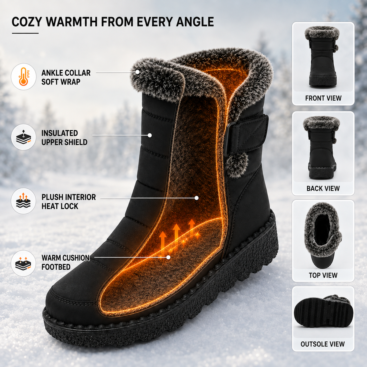 Women's Waterproof Snow Boots with Plush Lining and Non-Slip Sole for Winter | Ankle-High Velcro Closure Insulated Footwear | Thomler