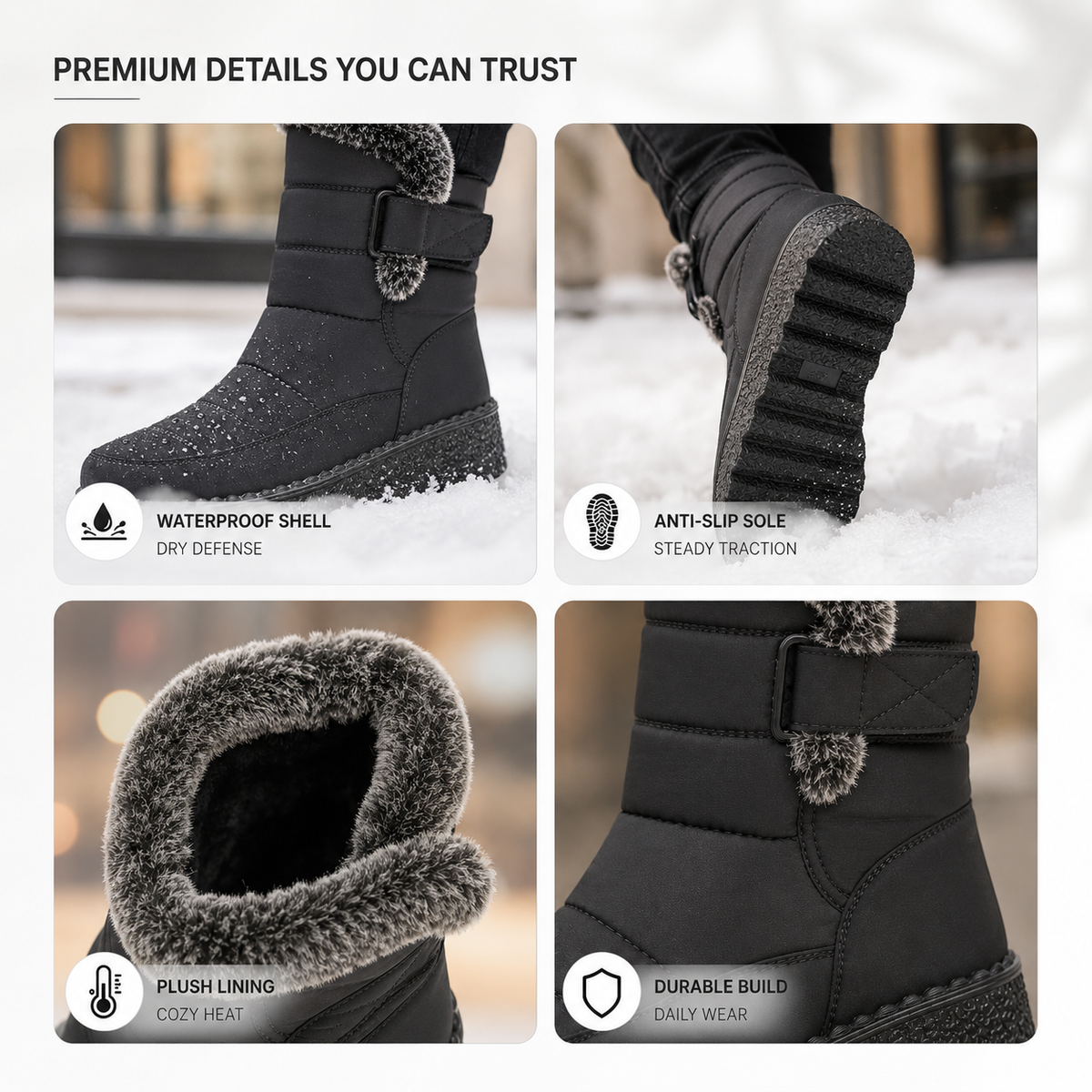 Women's Waterproof Snow Boots with Plush Lining and Non-Slip Sole for Winter | Ankle-High Velcro Closure Insulated Footwear | Thomler