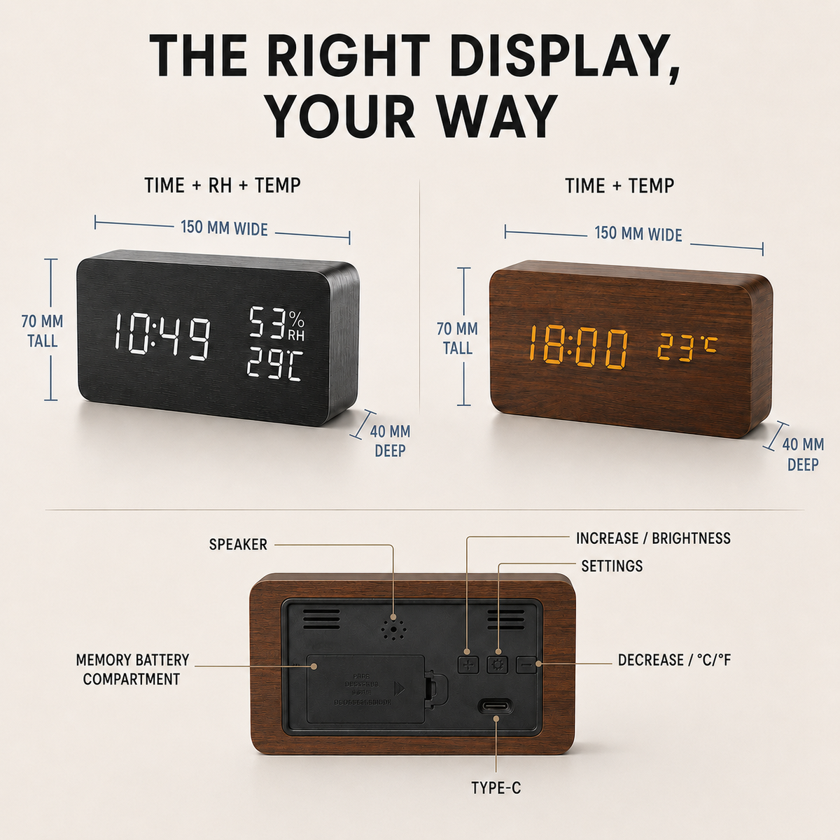Digital Wood-Style Alarm Clock with LED Display, Temperature, Humidity & Voice Activation for Bedroom, Nightstand | Thomler