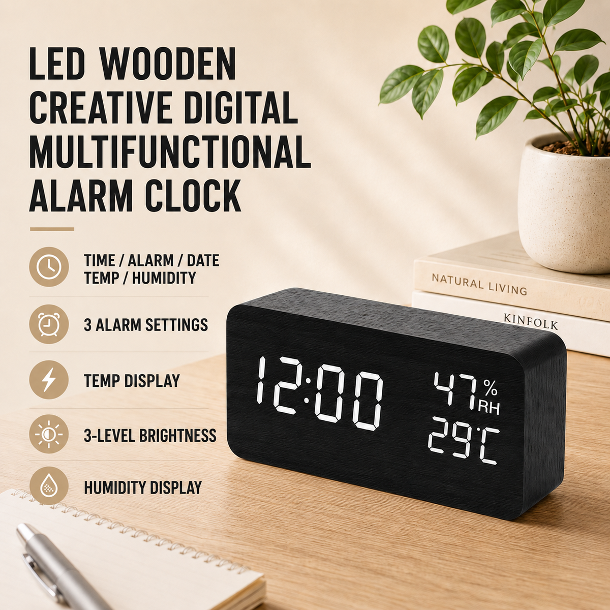 Digital Wood-Style Alarm Clock with LED Display, Temperature, Humidity & Voice Activation for Bedroom, Nightstand | Thomler