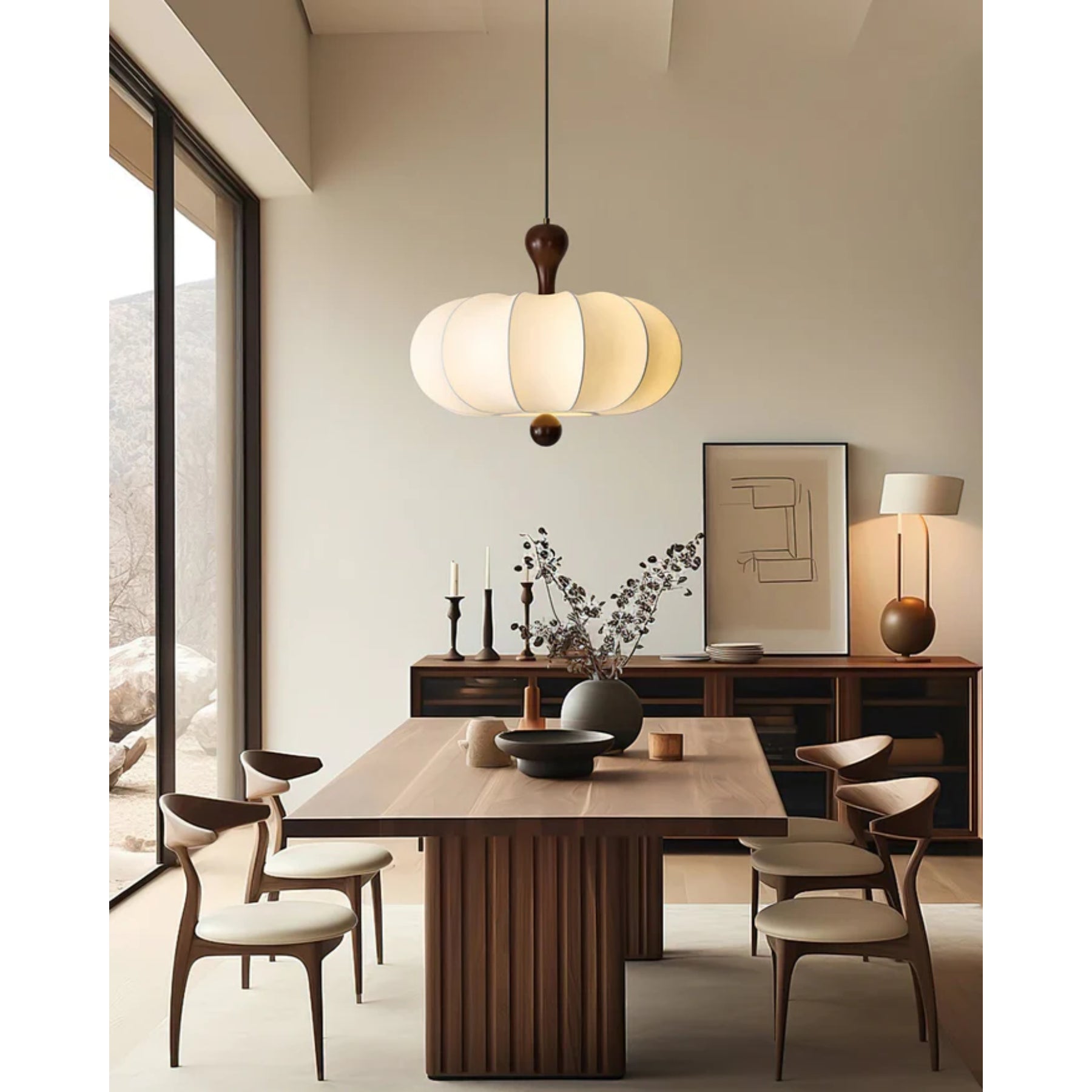 Pendant Light Fabric Walnut Wood White Dining Room Living Room Japandi Scandinavian Hanging Ceiling Lamp | Thomler