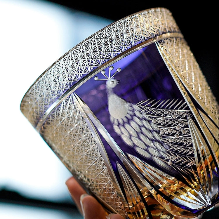 Japanese Cut Crystal Spirits Tumbler with Purple Peacock Motif & Gift Box for Whiskey Bourbon Scotch Cocktails Home Bar Drinkware Glassware | Thomler
