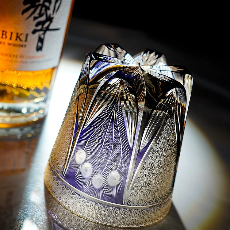 Japanese Cut Crystal Spirits Tumbler with Purple Peacock Motif & Gift Box for Whiskey Bourbon Scotch Cocktails Home Bar Drinkware Glassware | Thomler