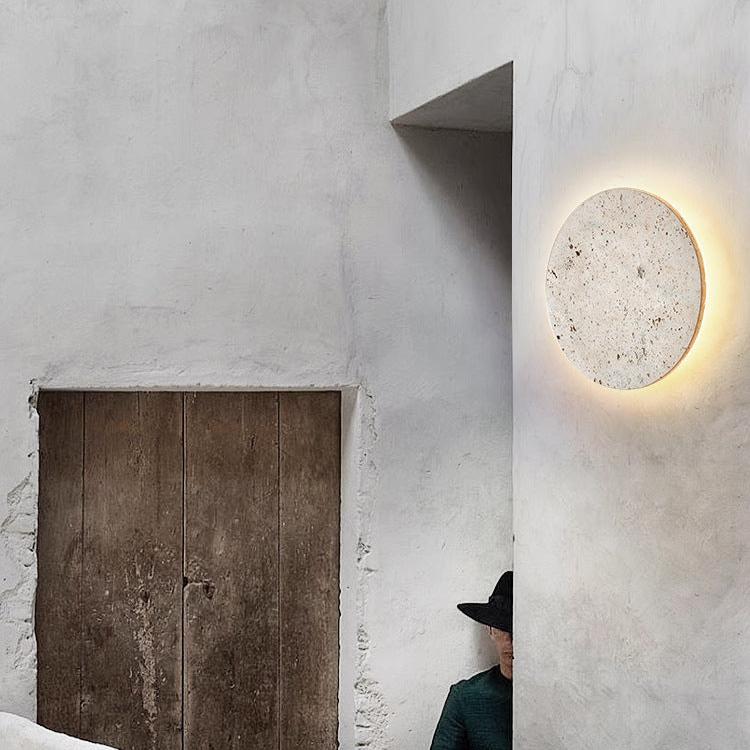 Wall Lamp Travertine Stone 11.8 in Round Warm LED Bedroom Hallway Ambient Lighting Minimalist Natural Stone Sconce | Thomler