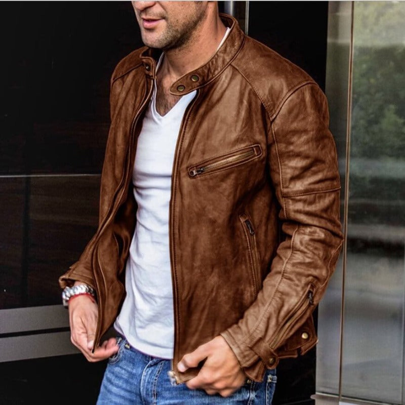 Men's Genuine Leather Jacket Stand Collar Water-Repellent Fall Motorcycle Coat for Everyday Casual Style | Thomler