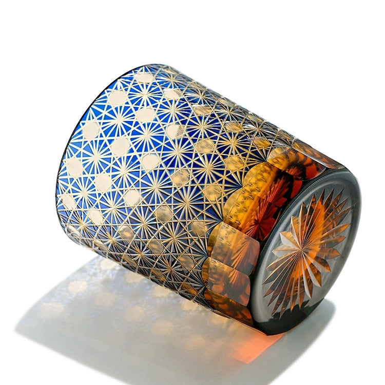 Cut Crystal Whisky Tumblers with Starburst Floral Design in Amber Glass for Bourbon, Scotch & Cocktails | Thomler