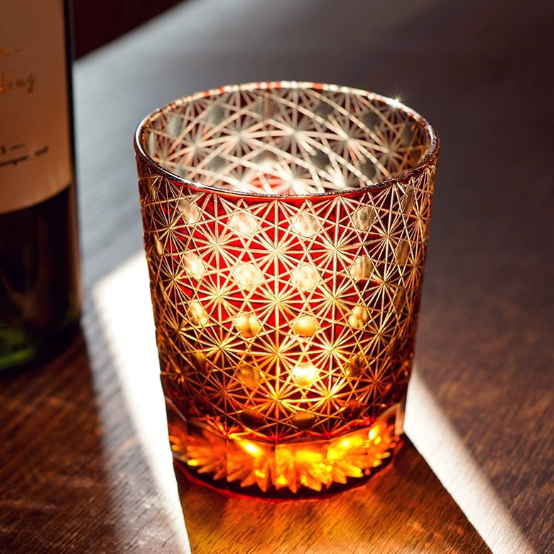 Cut Crystal Whisky Tumblers with Starburst Floral Design in Amber Glass for Bourbon, Scotch & Cocktails | Thomler