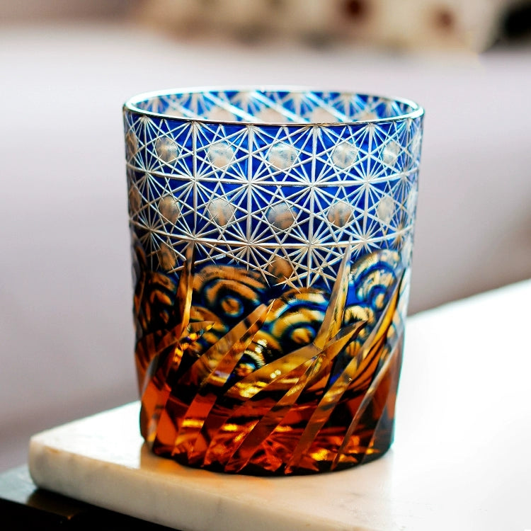 Whiskey Glass Handmade Cut Glass Blue Amber Japanese Whisky Tumbler Gift Collectible Barware Wooden Box | Thomler