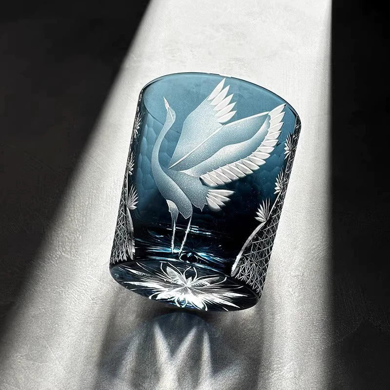 Japanese Cut Crystal Whisky Tumbler with Crane Motif and Gift Box for Spirits and Cocktails | Thomler