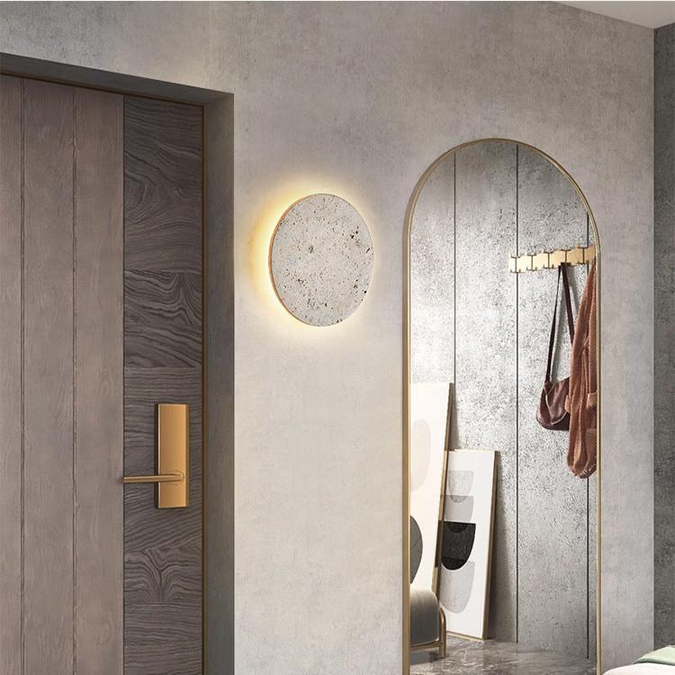 Wall Lamp Travertine Stone 11.8 in Round Warm LED Bedroom Hallway Ambient Lighting Minimalist Natural Stone Sconce | Thomler