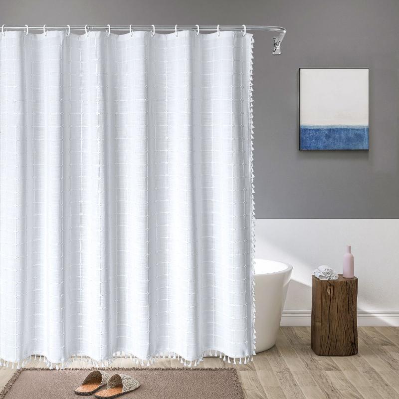 Shower Curtain Premium Linen 180.0 x 200.0 cm Grey Bathroom Waterproof Tassel Bohemian Bath Screen Privacy Curtain | Thomler