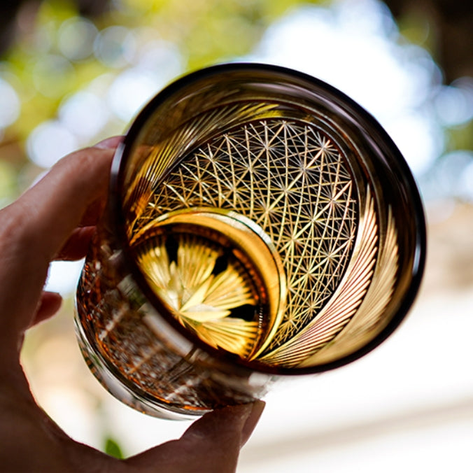 Whiskey Glass Crystal Amber Crane Feather Pattern Japanese Style Barware Gift Box | Thomler
