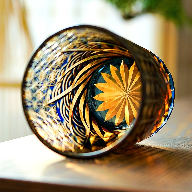 Whiskey Glass Handmade Cut Glass Blue Amber Japanese Whisky Tumbler Gift Collectible Barware Wooden Box | Thomler